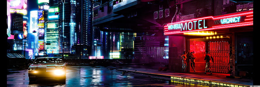 Neon-lit Cyberpunk City Street with Retro Car and No-Tell Motel at Night HD wallpaper