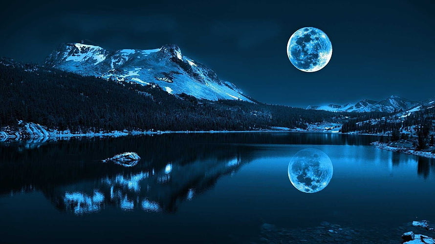 Serene Night Landscape with Giant Blue Moon Reflecting in Mountain Lake HD wallpaper