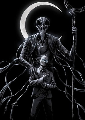 Moon Knight and Khonshu standing together under a crescent moon in dark monochrome style HD phone wallpaper