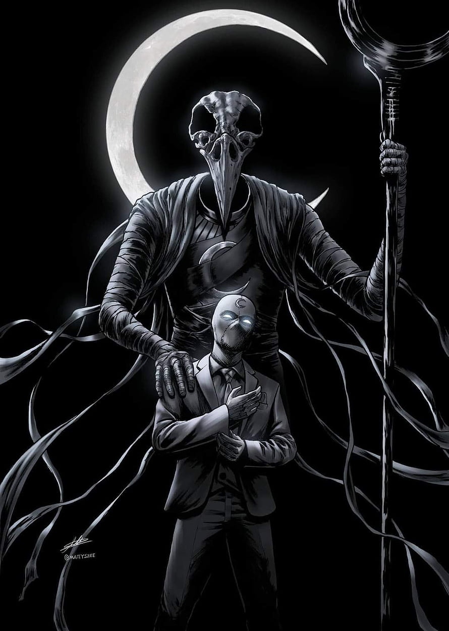 Moon Knight and Khonshu standing together under a crescent moon in dark monochrome style HD phone wallpaper
