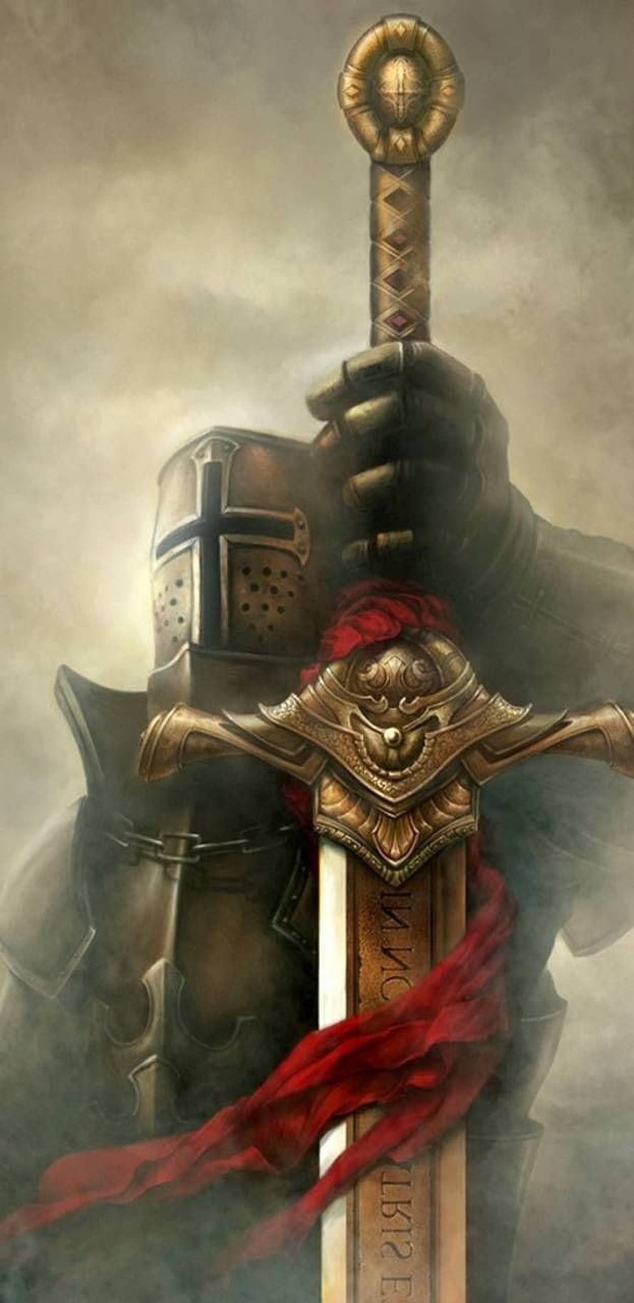 Crusader Knight Holding Ornate Golden Sword With Red Ribbon in Misty Atmosphere HD phone wallpaper