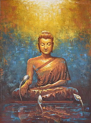 Golden Buddha Statue Meditating in Lotus Position with Water Lilies HD phone wallpaper