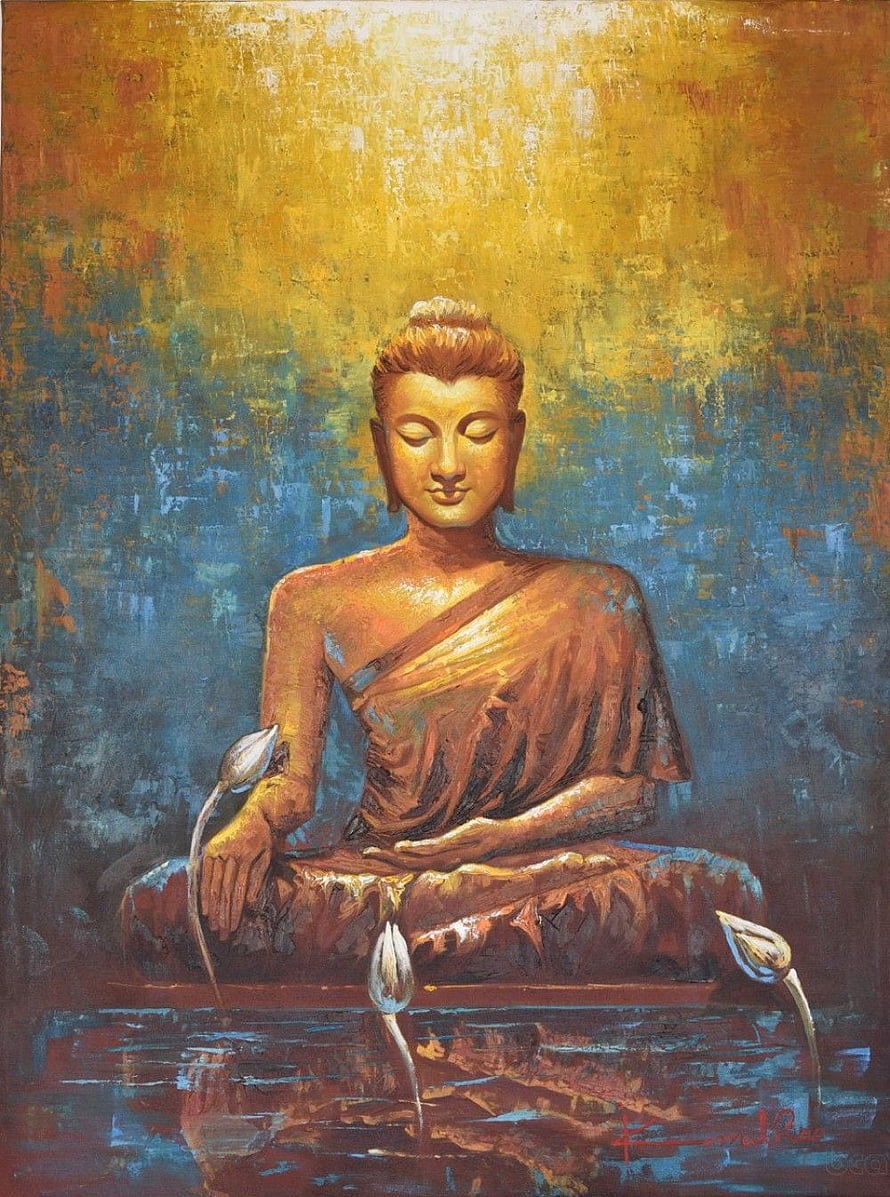 Golden Buddha Statue Meditating in Lotus Position with Water Lilies HD phone wallpaper