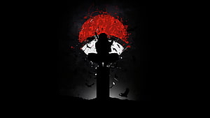 Itachi Uchiha Silhouette with Red Sun and Crows in Dark Anime Style HD wallpaper