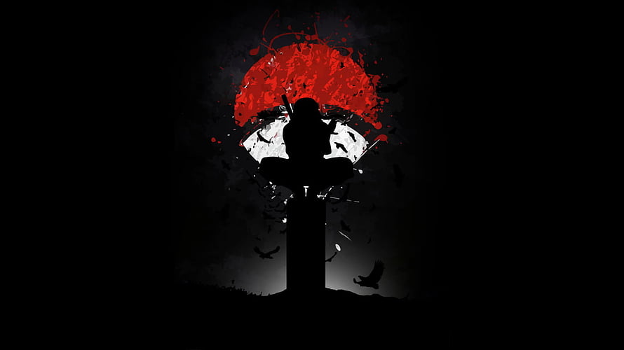 Itachi Uchiha Silhouette with Red Sun and Crows in Dark Anime Style HD wallpaper