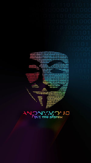 Anonymous Hacker Silhouette Formed by Binary Code with Neon Glitch Text on Dark Background HD phone wallpaper