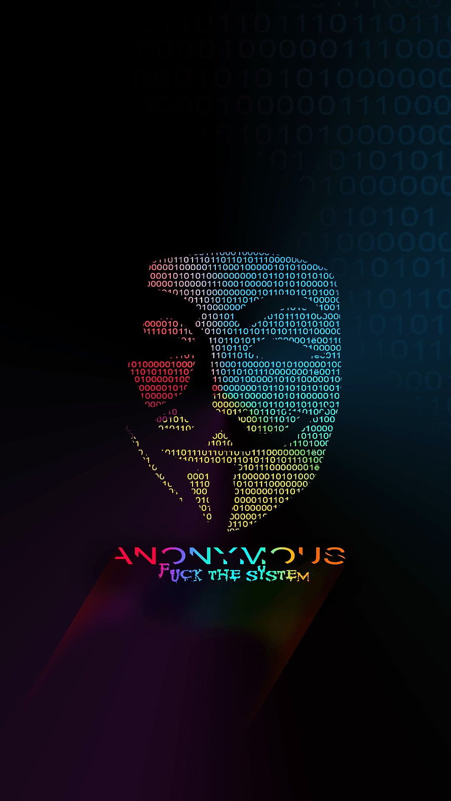 Anonymous Hacker Silhouette Formed by Binary Code with Neon Glitch Text on Dark Background HD phone wallpaper
