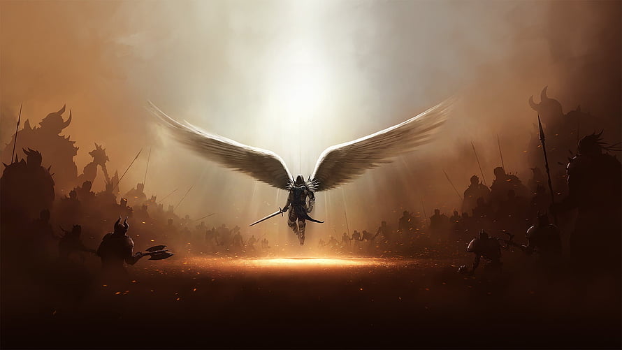 Tyrael the Archangel Descending on a Battlefield in Diablo III Fantasy Art HD wallpaper
