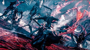 Devil May Cry 5 Key Art Featuring Dante and Nero Battling Demons in a Dark Fantasy Arena HD wallpaper