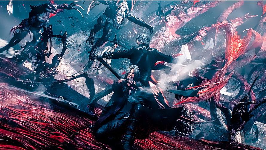 Devil May Cry 5 Key Art Featuring Dante and Nero Battling Demons in a Dark Fantasy Arena HD wallpaper