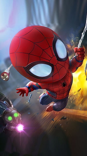 Chibi Spider-Man Swinging Through Explosive Battle Scene with Ant-Man, Baby Avengers, Chibi Avengers HD phone wallpaper