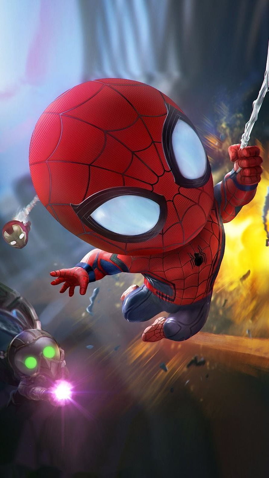 Chibi Spider-Man Swinging Through Explosive Battle Scene with Ant-Man, Baby Avengers, Chibi Avengers HD phone wallpaper