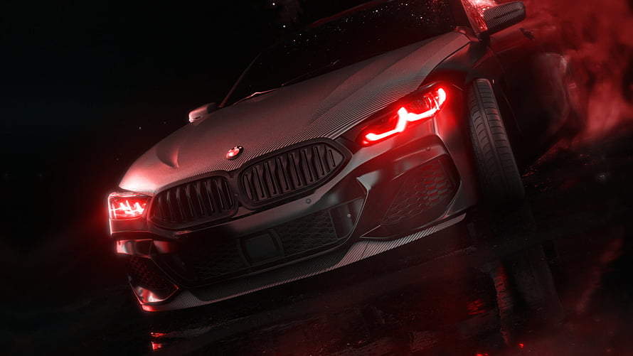 BMW M4 Competition Front View with Red LED Headlights in Dark Atmosphere HD wallpaper