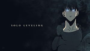 Sung Jinwoo from Solo Leveling with glowing blue eyes in dark moody anime style HD wallpaper