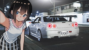 Anime Girl Taking a Night Selfie Next to a White Nissan Skyline GT-R R34 HD wallpaper