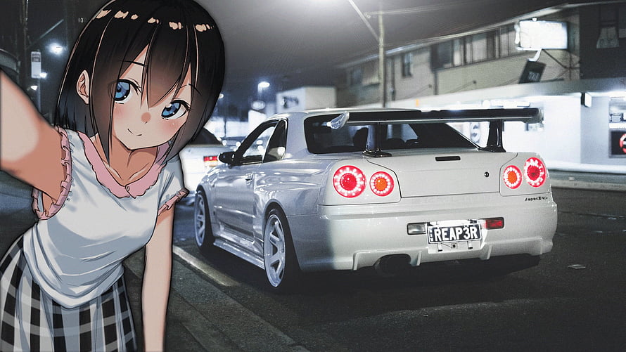 Anime Girl Taking a Night Selfie Next to a White Nissan Skyline GT-R R34 HD wallpaper