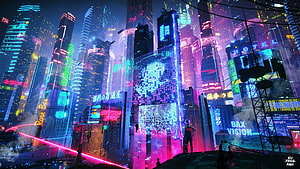 Vibrant Cyberpunk Cityscape with Neon Skyscrapers and Digital Billboards HD wallpaper