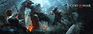 God of War Kratos and Atreus Battle a Giant in a Dark Forest HD wallpaper