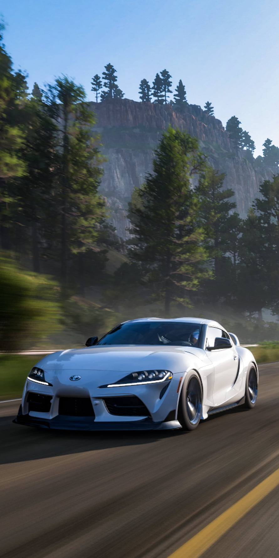 White Toyota Supra Driving on Mountain Road with Forest Background HD phone wallpaper