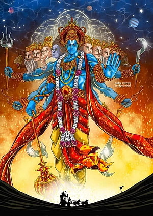 Vishnu's Universal Form with Multiple Heads and Divine Weapons in Cosmic Setting HD phone wallpaper