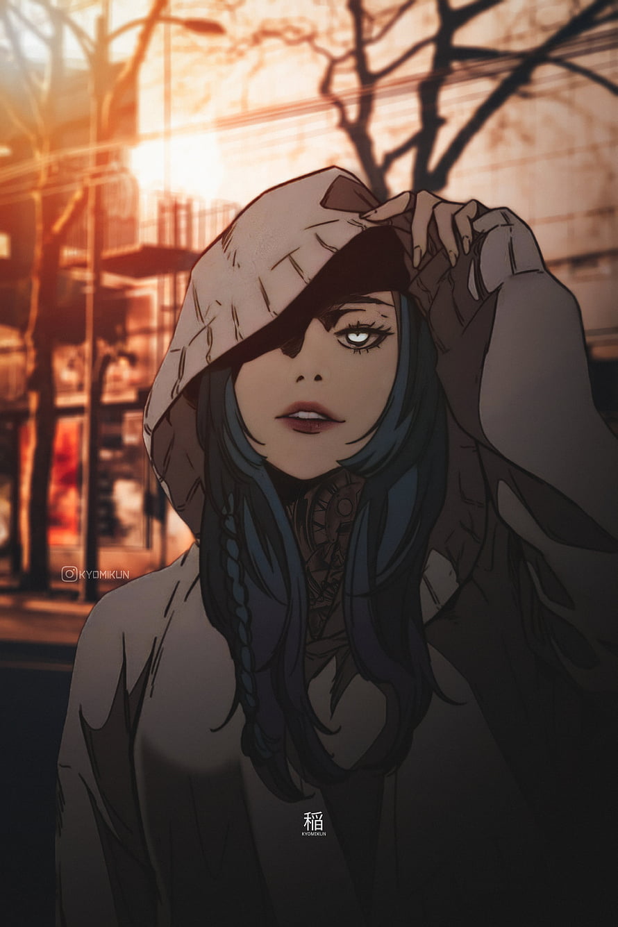 Anime Girl With Blue Hair And Hoodie In Sunset City Street HD phone wallpaper