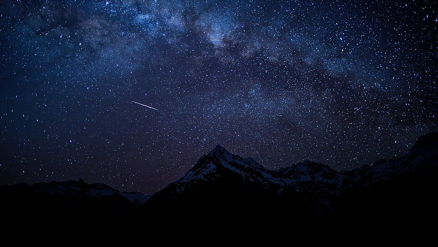 Milky Way Galaxy and Shooting Star Over Snow-Capped Mountain Peaks at Night HD wallpaper