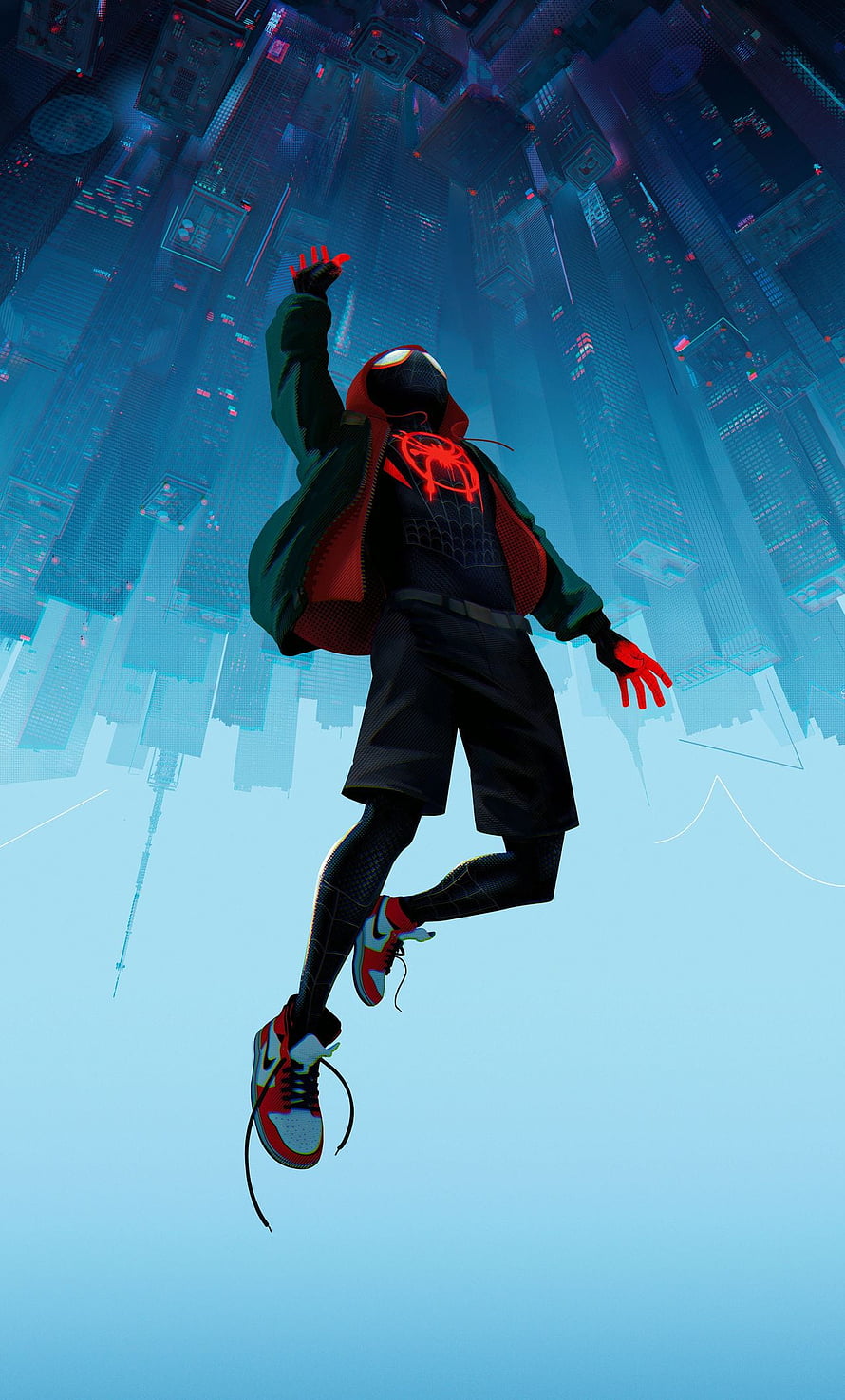 Miles Morales Spider-Man Leaping Through Futuristic Neon City Skyline, SpiderMan Into The Spider Verse Movie 10k 6, 1280x2120 HD phone wallpaper