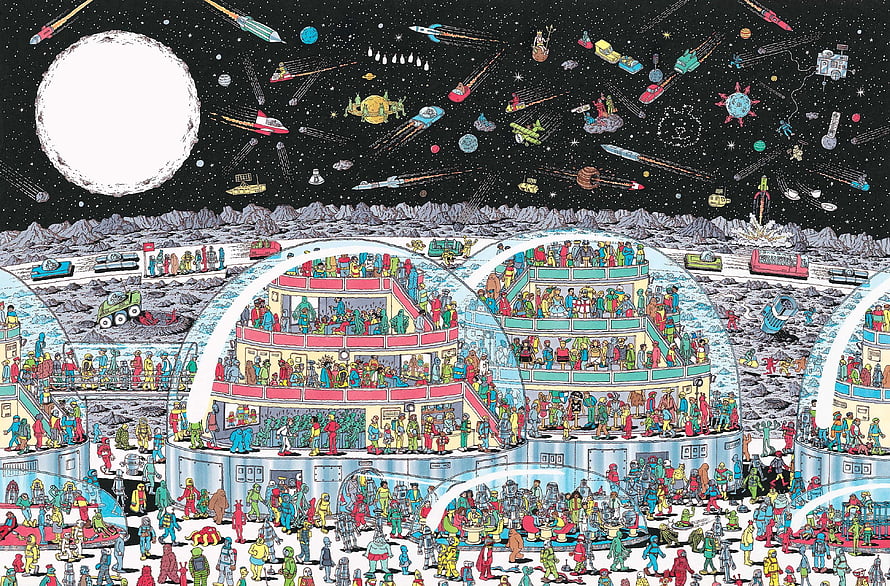 Where's Wally Lunar Base Scene With Spacecraft And Crowded Domes HD wallpaper