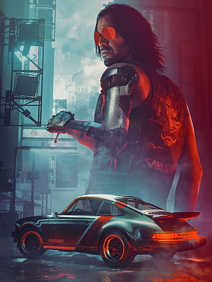 Johnny Silverhand and Porsche 911 Turbo in Cyberpunk 2077 Neon Cityscape HD phone wallpaper