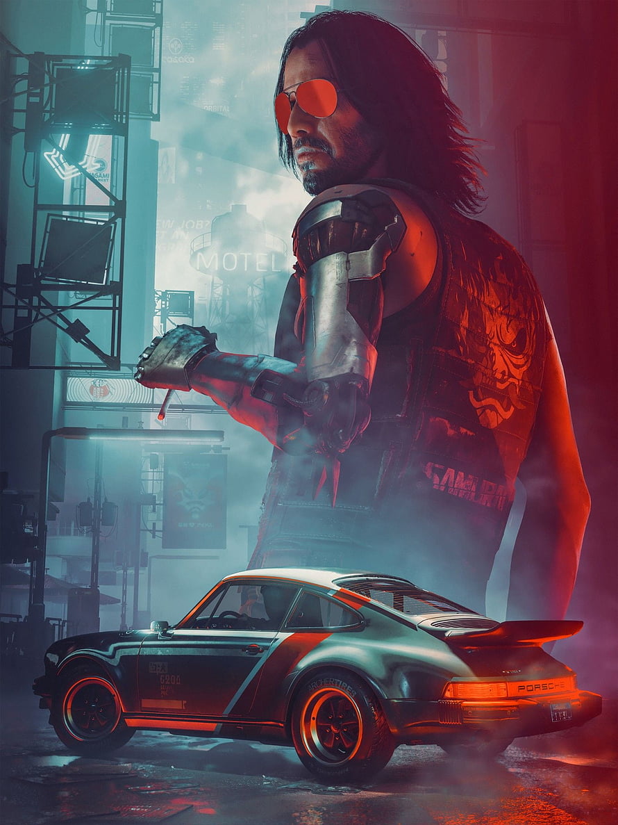 Johnny Silverhand and Porsche 911 Turbo in Cyberpunk 2077 Neon Cityscape HD phone wallpaper