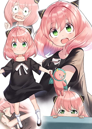 Anya Forger in Black Dress with Cat Ears and Pink Hair from Spy x Family Anime HD phone wallpaper