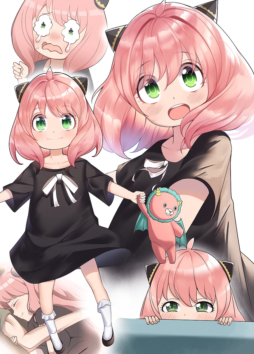 Anya Forger in Black Dress with Cat Ears and Pink Hair from Spy x Family Anime HD phone wallpaper