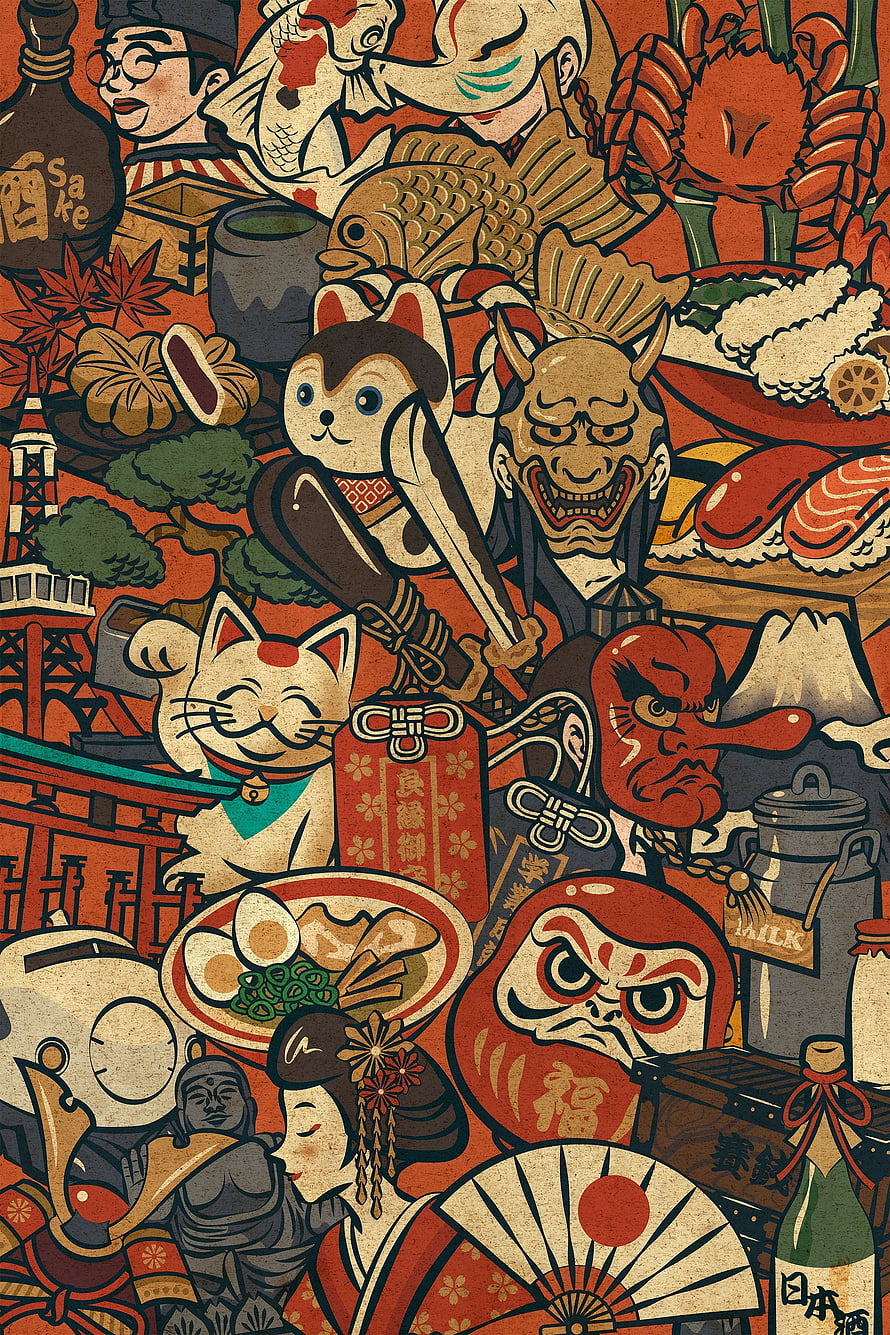 Japanese Culture Collage Featuring Daruma, Maneki Neko, Sushi, and Traditional Masks, Check Out This Project: “Japan 2020” Gallery 65603965 Japan 2020. Japanese Art, Japanese Artwork, Art Inspiration, Japanese Illustration HD phone wallpaper