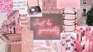 Pink Aesthetic Collage With Neon Signs, Macarons, Vintage Phone, and Girlboss Typography HD wallpaper