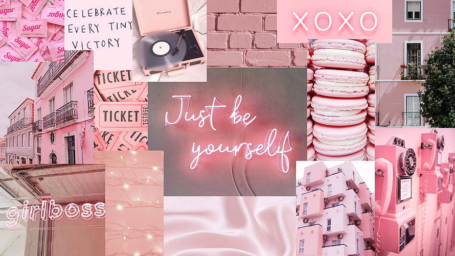 Pink Aesthetic Collage With Neon Signs, Macarons, Vintage Phone, and Girlboss Typography HD wallpaper