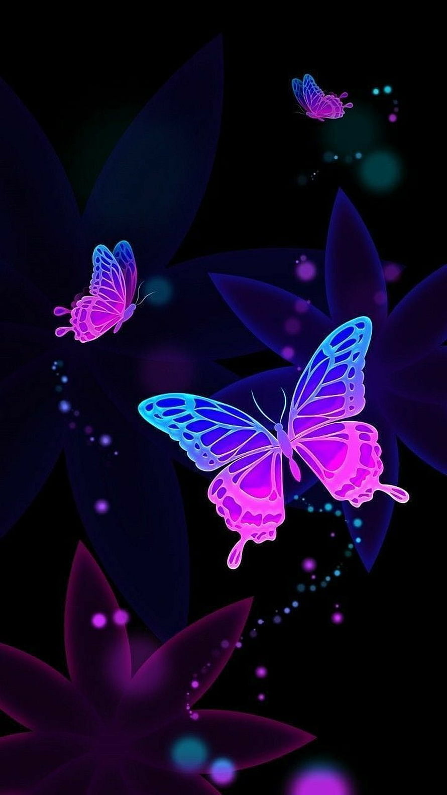 Neon Glowing Butterflies and Flowers on Dark Background HD phone wallpaper