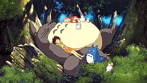 My Neighbor Totoro Forest Scene with Satsuki and Mei Resting on the Giant Spirit HD wallpaper