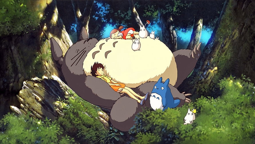 My Neighbor Totoro Forest Scene with Satsuki and Mei Resting on the Giant Spirit HD wallpaper