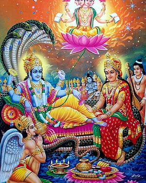 Radha Krishna Sitting on Sheshnag Snake with Garuda and Brahma in Divine Hindu Art HD phone wallpaper