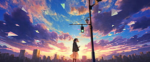 Anime Girl Standing Under Streetlight With Paper Planes In Sunset Sky HD wallpaper