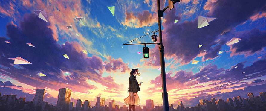 Anime Girl Standing Under Streetlight With Paper Planes In Sunset Sky HD wallpaper