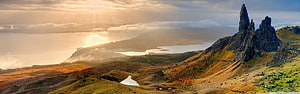 Dramatic Scottish Highlands Landscape with Rocky Peaks and Golden Sunset HD wallpaper