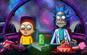 Rick Sanchez and Morty Smith piloting a spaceship through a colorful cosmic nebula in animated sci-fi style HD wallpaper