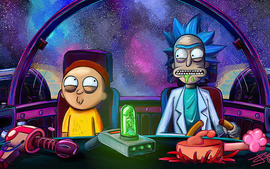 Rick Sanchez and Morty Smith piloting a spaceship through a colorful cosmic nebula in animated sci-fi style HD wallpaper