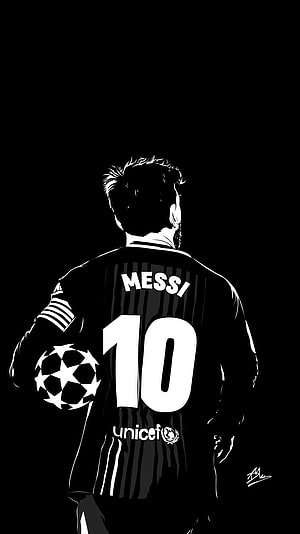 Lionel Messi Black and White Illustration Holding Soccer Ball HD phone wallpaper