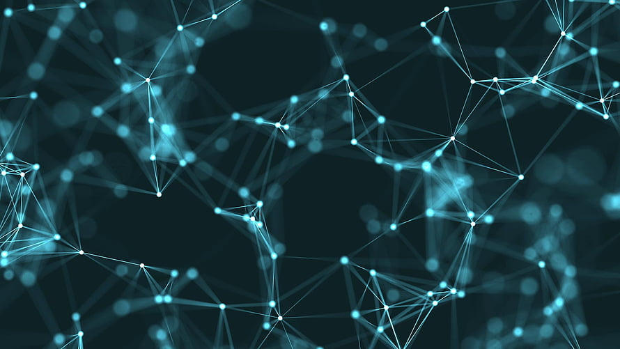 Abstract Digital Network Visualization with Glowing Cyan Nodes and Connecting Lines on Dark Background HD wallpaper