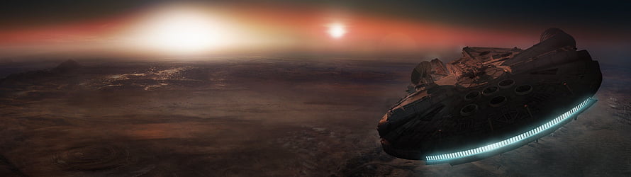 Millennium Falcon Flying Over Tatooine Desert Landscape at Sunset HD wallpaper