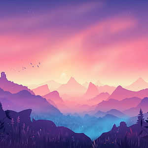 Magical Purple Mountain Landscape at Sunset with Birds and Glowing Flora HD phone wallpaper