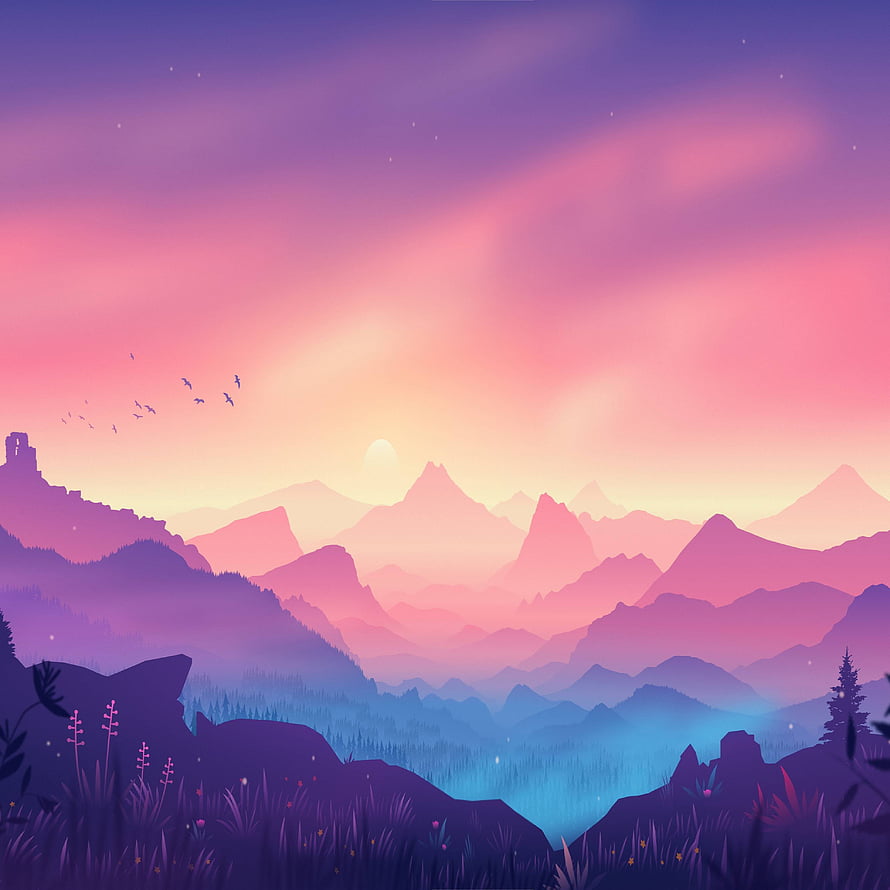 Magical Purple Mountain Landscape at Sunset with Birds and Glowing Flora HD phone wallpaper
