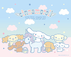 Cinnamoroll and Friends Riding a Unicorn in a Pastel Sky with Clouds and Stars HD wallpaper